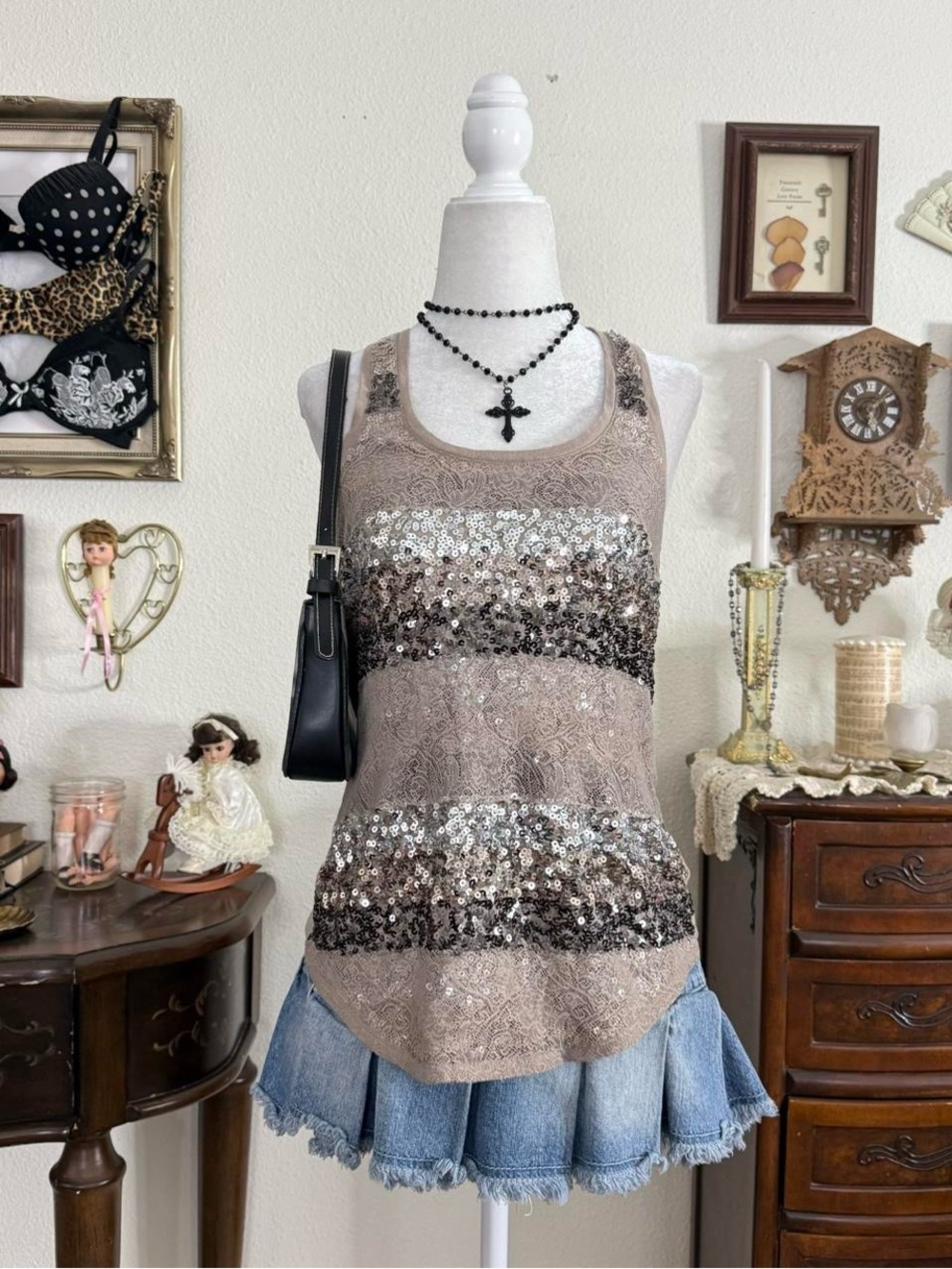 Grunge glam sequin and‎ lace patchwork top